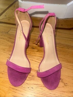 Lulu's Fuchsia Suede Block Heel Sandals with Ankle Strap